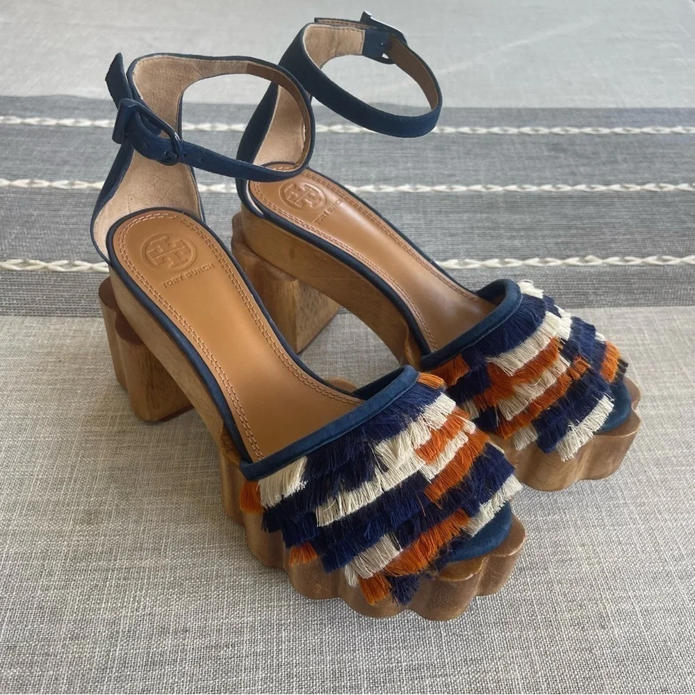 Tory Burch Alma Platform Sandals Heels Size 7 Fringe Suede Wooden Block Heel
